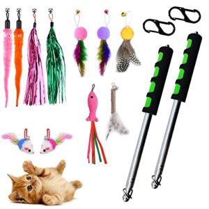 whefory retractable cat fishing pole, cat toys wand for indoor cats, cat fishing rod for kitten with 11 pcs refills(feather&mice)
