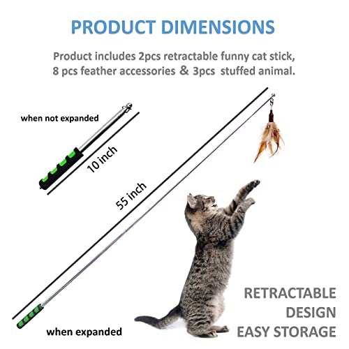 Whefory Retractable Cat Fishing Pole, Cat Toys Wand for Indoor Cats, Cat Fishing Rod for Kitten with 11 Pcs Refills(Feather&Mice)