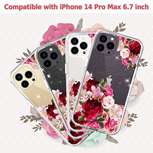 ACKETBOX for iPhone 14 Pro Max Case with Screen Protector + Camera Lens Protector and Ring Bracket，PC Back Case + Front Cover and TPU Phone Case Cover for iPhone 14 Pro Max (Flowers)