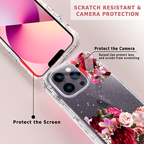 ACKETBOX for iPhone 14 Pro Max Case with Screen Protector + Camera Lens Protector and Ring Bracket，PC Back Case + Front Cover and TPU Phone Case Cover for iPhone 14 Pro Max (Flowers)