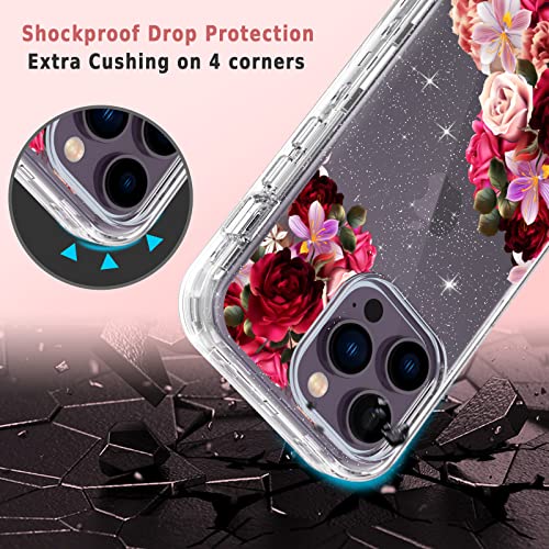 ACKETBOX for iPhone 14 Pro Max Case with Screen Protector + Camera Lens Protector and Ring Bracket，PC Back Case + Front Cover and TPU Phone Case Cover for iPhone 14 Pro Max (Flowers)