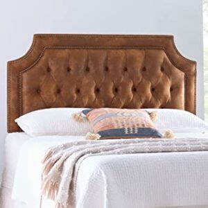 Design 59 D59 Distressed Vegan Leather Upholstered Tufted Button Queen Headboard with Brass Nailheads Queen/Full Size Headboard – Adjustable Height (Chestnut Vegan Leather)