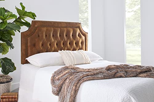 Design 59 D59 Distressed Vegan Leather Upholstered Tufted Button Queen Headboard with Brass Nailheads Queen/Full Size Headboard – Adjustable Height (Chestnut Vegan Leather)