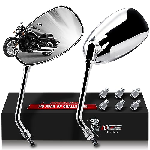 MZS Motorcycle Mirrors Chrome | Universal 10MM 8MM Rear View Side Mirror 360 Degree Adjustable Handlebar Compatible with Street Bike Cruiser Touring Chopper Scooter GY6