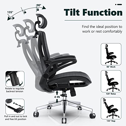 Memobarco Office Chair, Desk Chairs with Lumbar Back Support and Flip-up Armrest, Ergonomic Computer Chair with Comfortable Mesh Seat for Home Office Task Work, Black