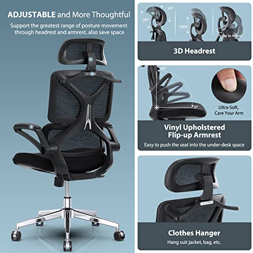 Memobarco Office Chair, Ergonomic Desk Chairs with Flip Up Armrest and Lumbar Support, Computer Mesh Chair with Adjustable Headrest and Tilt Function for Home Office Task