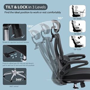 Memobarco Office Chair, Ergonomic Desk Chairs with Flip Up Armrest and Lumbar Support, Computer Mesh Chair with Adjustable Headrest and Tilt Function for Home Office Task