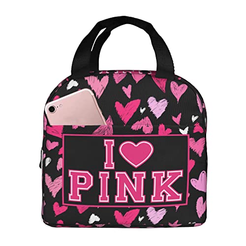 Giwawa I Like Pink Lunch Bag Pink Heart Portable Insulated Lunchbox Waterproof Tote Bento Bag for School Office Camping Picnic