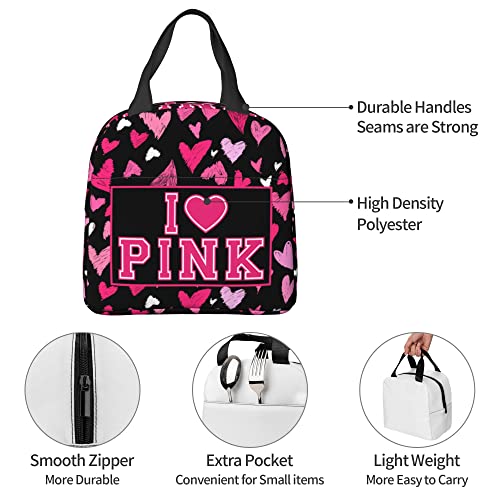 Giwawa I Like Pink Lunch Bag Pink Heart Portable Insulated Lunchbox Waterproof Tote Bento Bag for School Office Camping Picnic