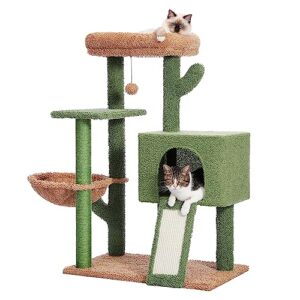 pawz road 41 inches cactus cat tower with sisal covered scratching post and cozy condo for indoor cats, cat climbing stand with plush perch &soft hammock for multi-level cat play house