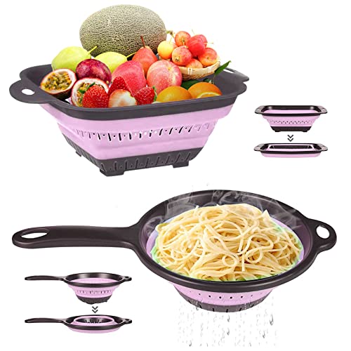 Collapsible Colander Set of 2 Kitchen Colander Strainer, Sink Colander Strainer -Food Colanders Strainers with Handles, Silicone Colanders to Strain your Pasta, Vegetables and Fruits