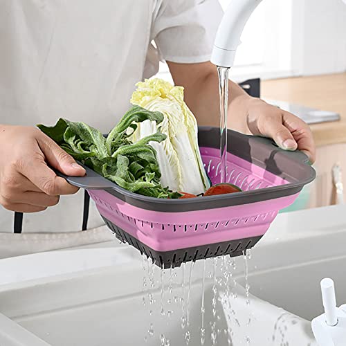 Esmartlife Colander collapsible, BPA Free Silicone Food Strainer, Kitchen Folding Strainer, Perfect for Kitchen Food Draining Pasta Vegetable Fruit and Meat,Square pink