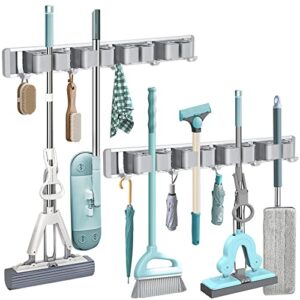 2 pack mop broom holder wall mount, garden tool storage organizer, wall hanger hooks rack for home, metal aluminum garage laundry room organization and storage, silver (4 slots&5 hooks)
