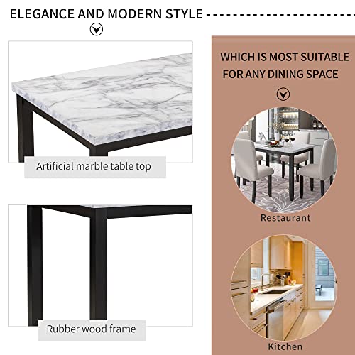 UBGO Wooden, 5 Piece Square Faux Marble Table, 4 Padded Cushion Chairs Room Home Kitchen White/Beige+Black, 4-Seater Dining Set