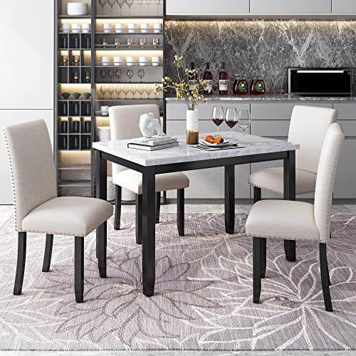 UBGO Wooden, 5 Piece Square Faux Marble Table, 4 Padded Cushion Chairs Room Home Kitchen White/Beige+Black, 4-Seater Dining Set