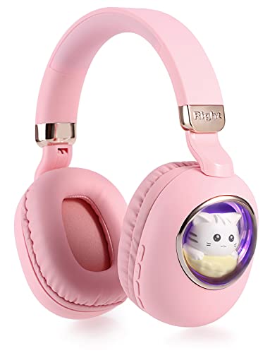 Usoun Kids Wireless Headphones, Bluetooth Over Ear Headphones with Cute Cat Colorful LED Lights,Wireless&Wired,Foldable,Build-in Mic,Bluetooth Headphones for Kids Girls Teens Adults,School (Pink)