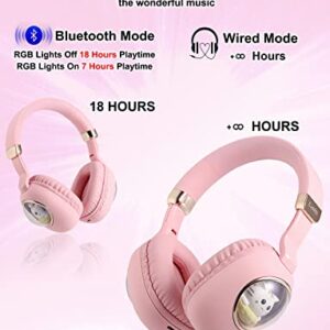 Usoun Kids Wireless Headphones, Bluetooth Over Ear Headphones with Cute Cat Colorful LED Lights,Wireless&Wired,Foldable,Build-in Mic,Bluetooth Headphones for Kids Girls Teens Adults,School (Pink)