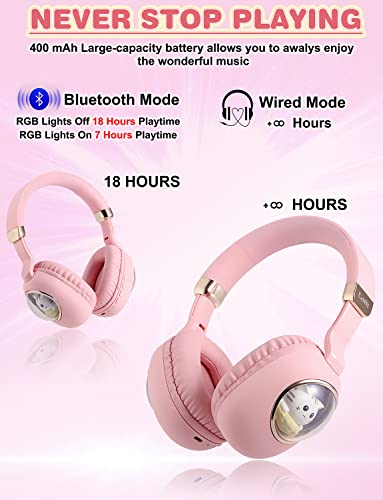 Usoun Kids Wireless Headphones, Bluetooth Over Ear Headphones with Cute Cat Colorful LED Lights,Wireless&Wired,Foldable,Build-in Mic,Bluetooth Headphones for Kids Girls Teens Adults,School (Pink)