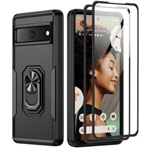 niecase for google pixel 6a 5g case with screen protector, military grade dual layer heavy duty shockproof full body protective phone cover, built in rotatable magnetic ring holder for 6a (black)