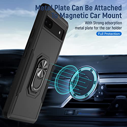 Niecase for Google Pixel 6A 5G Case with Screen Protector, Military Grade Dual Layer Heavy Duty Shockproof Full Body Protective Phone Cover, Built in Rotatable Magnetic Ring Holder for 6A (Black)