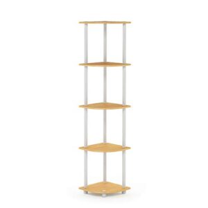 Furinno Pasir 4 Tier Open Shelf, Steam Beech & Turn-N-Tube 5 Tier Corner Display Rack Multipurpose Shelving Unit, 1-Pack, Beech/White