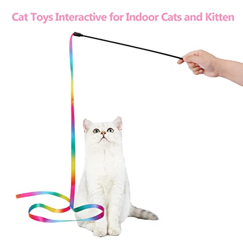 MintCat 3 PCS Interactive Cat String Toy Colorful, Cat Toys Wand Rainbow Cat Ribbon Toy, Feather Kitty Kitten Toys Cat Teaser Wand Toy, Charmer Stick for Indoor Cats Kittens