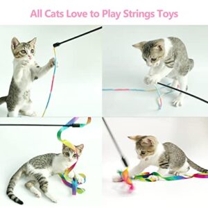 MintCat 3 PCS Interactive Cat String Toy Colorful, Cat Toys Wand Rainbow Cat Ribbon Toy, Feather Kitty Kitten Toys Cat Teaser Wand Toy, Charmer Stick for Indoor Cats Kittens