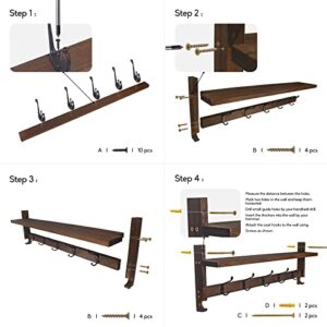 Kumebon Shelf with Hooks, 28.9 Inches Wall Shelf with Hooks, Coat Rack with Shelf with 5 Dual Hooks, Rustic Entryway Shelf with Hooks, Brown Coat Rack Wall Mount