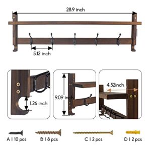 Kumebon Shelf with Hooks, 28.9 Inches Wall Shelf with Hooks, Coat Rack with Shelf with 5 Dual Hooks, Rustic Entryway Shelf with Hooks, Brown Coat Rack Wall Mount