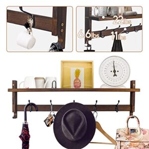 Kumebon Shelf with Hooks, 28.9 Inches Wall Shelf with Hooks, Coat Rack with Shelf with 5 Dual Hooks, Rustic Entryway Shelf with Hooks, Brown Coat Rack Wall Mount