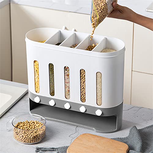 5-Grid Rice Dispenser, 20Lbs Rice Storage Container Cereal Dispenser Wall Mounted Dry Food Storage Containers Airtight Food Storage Containers for Pantry Rice Cup for Kitchen Organization and Storage