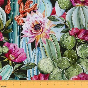 cactus fabric by the yard, floral upholstery fabric, tropical hawaiian plant decorative fabric, retro desert nature botanical indoor outdoor fabric, diy art waterproof fabric, green red, 1 yard