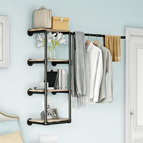 Wall Mounted Pipe Clothing Rack with Shelves, Industrial Clothes Rack with 4 Tier Closet Bar Heavy Duty Iron Garment Rack, Retail Display Clothes Rod for Hanging Clothes,Laundry Room (Black)