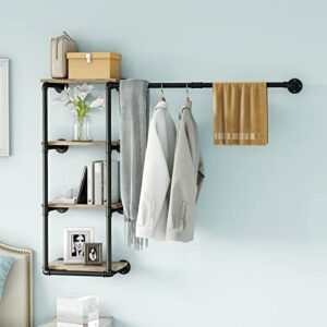 Wall Mounted Pipe Clothing Rack with Shelves, Industrial Clothes Rack with 4 Tier Closet Bar Heavy Duty Iron Garment Rack, Retail Display Clothes Rod for Hanging Clothes,Laundry Room (Black)