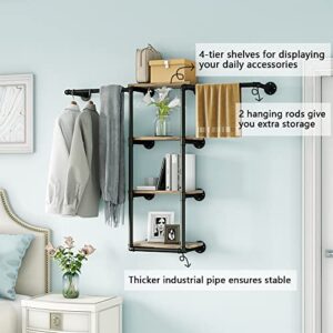 Wall Mounted Pipe Clothing Rack with Shelves, Industrial Clothes Rack with 4 Tier Closet Bar Heavy Duty Iron Garment Rack, Retail Display Clothes Rod for Hanging Clothes,Laundry Room (Black)