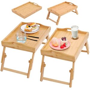 jessilin home 2 pack bamboo bed tray table, breakfast tray with folding adjustable legs, food tray with handles, whole bamboo