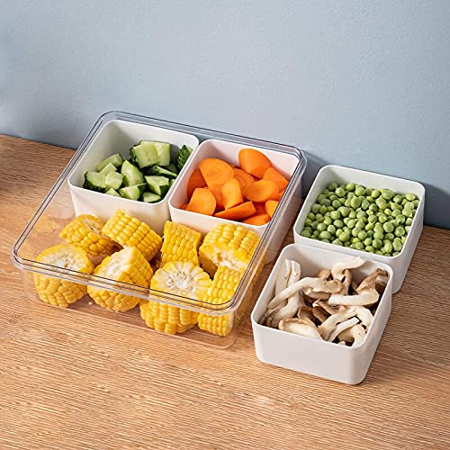MineSign 2Pack Divided Veggie Tray with Lid for Snack Serving Container Salad Keeper with 4 Removable Boxes Stackable Refrigerator Organizer Bins Produce Saver for Meal Prep Fruit