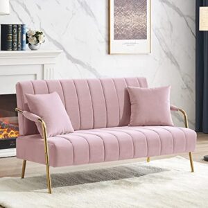 yoluckea loveseat sofa small couch, upholstered love seats furniture with two throw pillows and golden metal legs suitable for small spaces (pink)