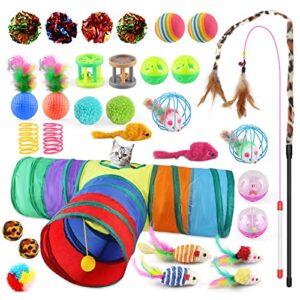 oziral cat toys set 32 pcs kitten toys assortments including 3 way tunnel cat feather teaser wand sisal mice bell balls crinkle balls interactive cat toys for indoor cats kitten