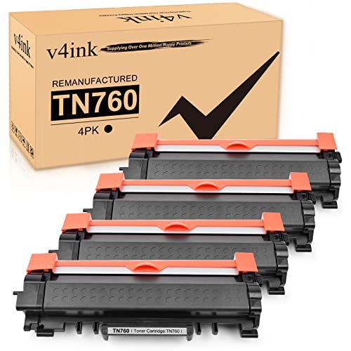 v4ink 4Pack Remanufactured TN-760 Toner Cartridges Replacement for Brother TN760 TN730 Toner Ink for HL-L2325DW HL-L2350DW HL-L2390DW HL-L2395DW HL-L2370DW MFC-L2710DW L2730DW MFC-L2750DW DCP-L2550DW