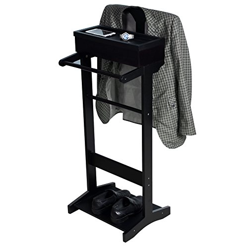 Sardoxx Valet Stand For Man, Father's Day Gift, Black Wood Suit Valet Stand, Clothes Stand With Top Tray, Shoe Rack, Lidded Storage, Used In Entryway Office Living Room, 17" L x 13.6" W x 43" H