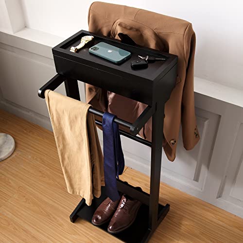 Sardoxx Valet Stand For Man, Father's Day Gift, Black Wood Suit Valet Stand, Clothes Stand With Top Tray, Shoe Rack, Lidded Storage, Used In Entryway Office Living Room, 17" L x 13.6" W x 43" H