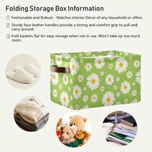 xigua Green Daisy Flowers Square Storage Basket,Collapsible Sturdy Fabric Storage Basket Cube W/Handles for Clothes Toy Closet(2 pcs)