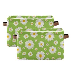 xigua Green Daisy Flowers Square Storage Basket,Collapsible Sturdy Fabric Storage Basket Cube W/Handles for Clothes Toy Closet(2 pcs)
