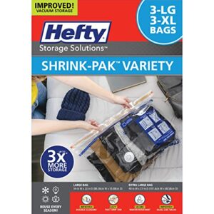 Hefty Super Starter Kit 5L, 3XL, 1XL Cube, and 1 Jumbo Bag, Reusable and Water resistant Vacuum Storage Bags, Total of 10 Bags + Hand Pump