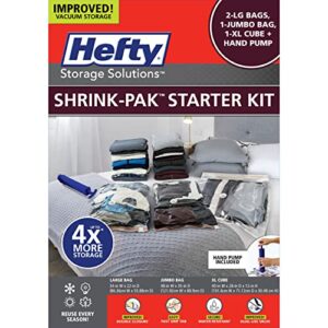 Hefty Super Starter Kit 5L, 3XL, 1XL Cube, and 1 Jumbo Bag, Reusable and Water resistant Vacuum Storage Bags, Total of 10 Bags + Hand Pump