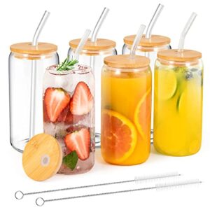 beer can glass,6pack drinking cups with straws and lids, can shaped glass cups 16 oz, cute iced coffee cup tumblers, cold drink glassware, unique water, tea, cocktail glass set, great gift