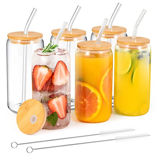 Beer Can Glass,6pack Drinking Cups With Straws and Lids, Can Shaped Glass Cups 16 oz, Cute Iced Coffee Cup Tumblers, Cold Drink Glassware, Unique Water, Tea, Cocktail Glass Set, Great Gift