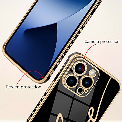 Bonoma Case Love Letter Graphic Plating Luxury Elegant Camera Protector Soft TPU Four Corner Cushion Back Cover Compatible with iPhone 14 Pro Max -Black