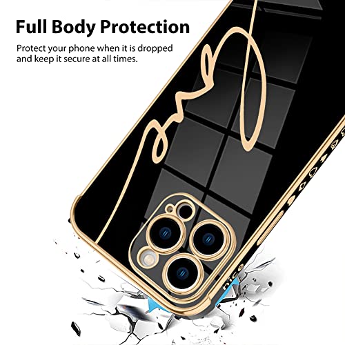 Bonoma Case Love Letter Graphic Plating Luxury Elegant Camera Protector Soft TPU Four Corner Cushion Back Cover Compatible with iPhone 14 Pro Max -Black